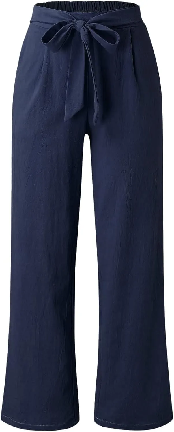 Womens Casual Solid Color Loose Pockets Elastic Belt Waist Pants Long Trousers Slim Pants for Women