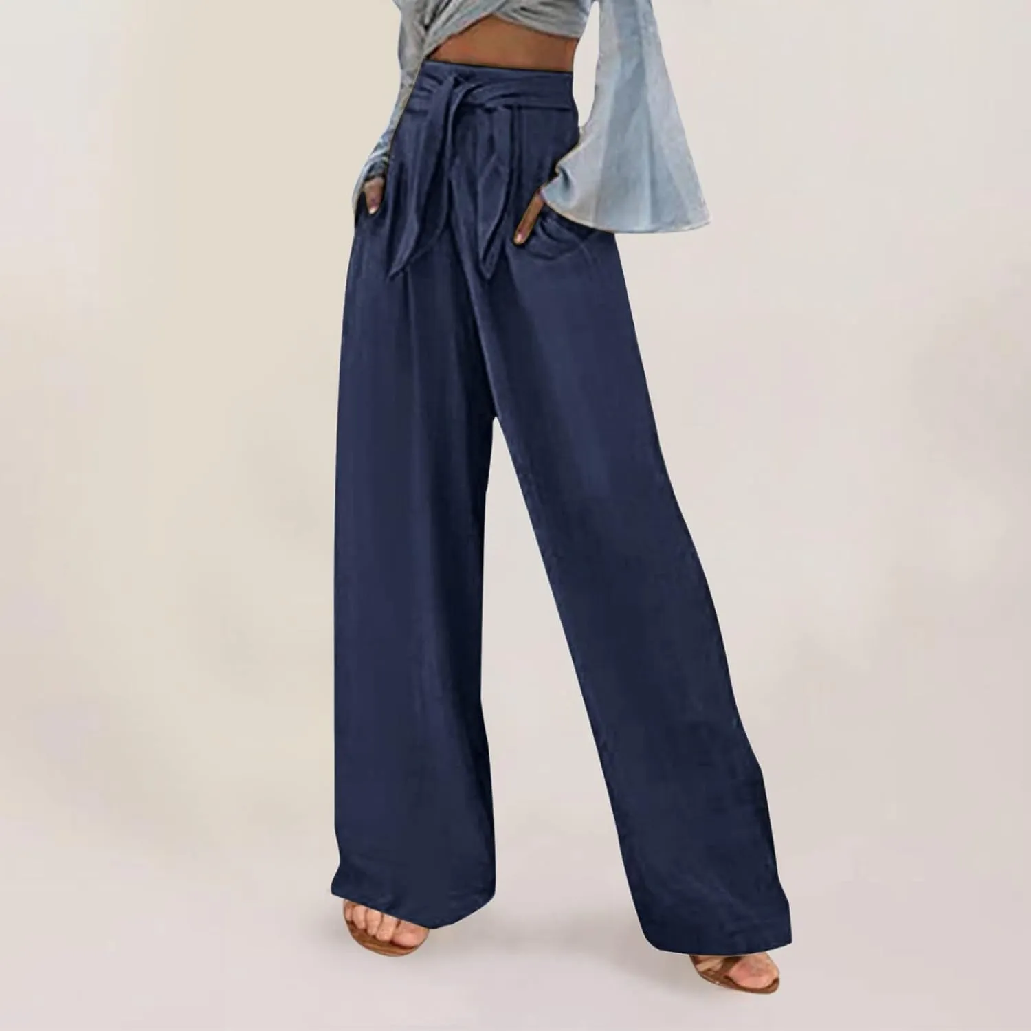 Womens Casual Solid Color Loose Pockets Elastic Belt Waist Pants Long Trousers Slim Pants for Women