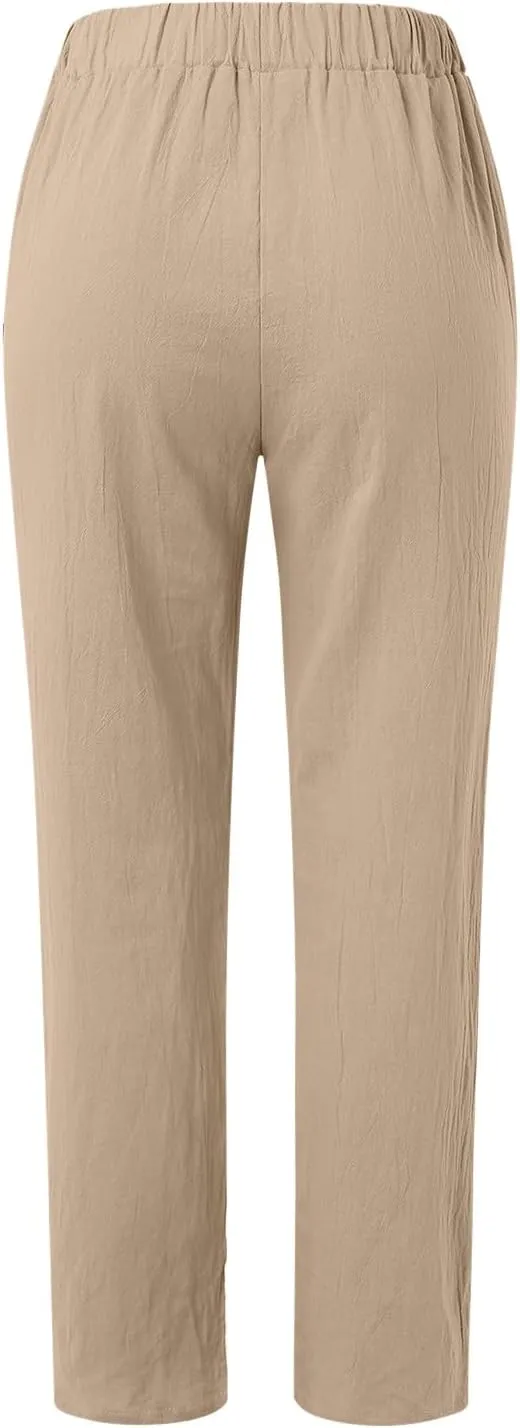 Women's Cotton Linen Capri Pants Casual Summer High Waist Baggy Wide Leg Lounge Trousers with Pockets Plus Size Beach
