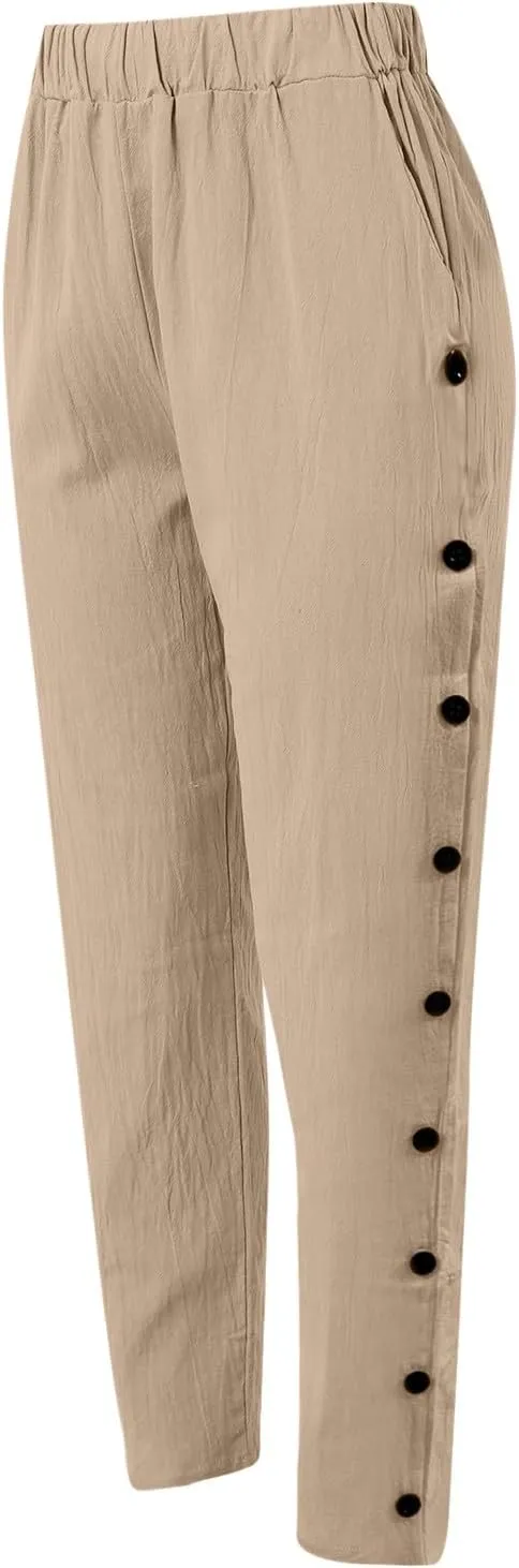Women's Cotton Linen Capri Pants Casual Summer High Waist Baggy Wide Leg Lounge Trousers with Pockets Plus Size Beach