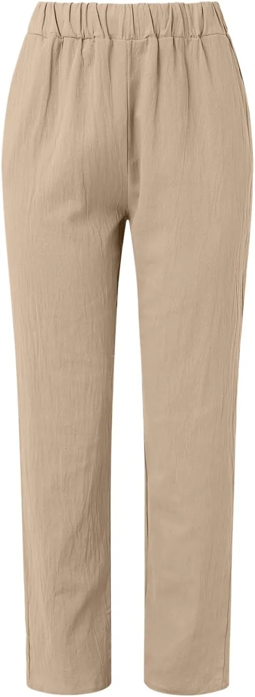 Women's Cotton Linen Capri Pants Casual Summer High Waist Baggy Wide Leg Lounge Trousers with Pockets Plus Size Beach