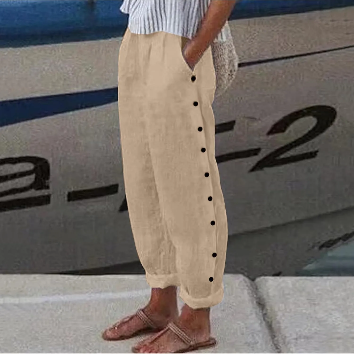 Women's Cotton Linen Capri Pants Casual Summer High Waist Baggy Wide Leg Lounge Trousers with Pockets Plus Size Beach