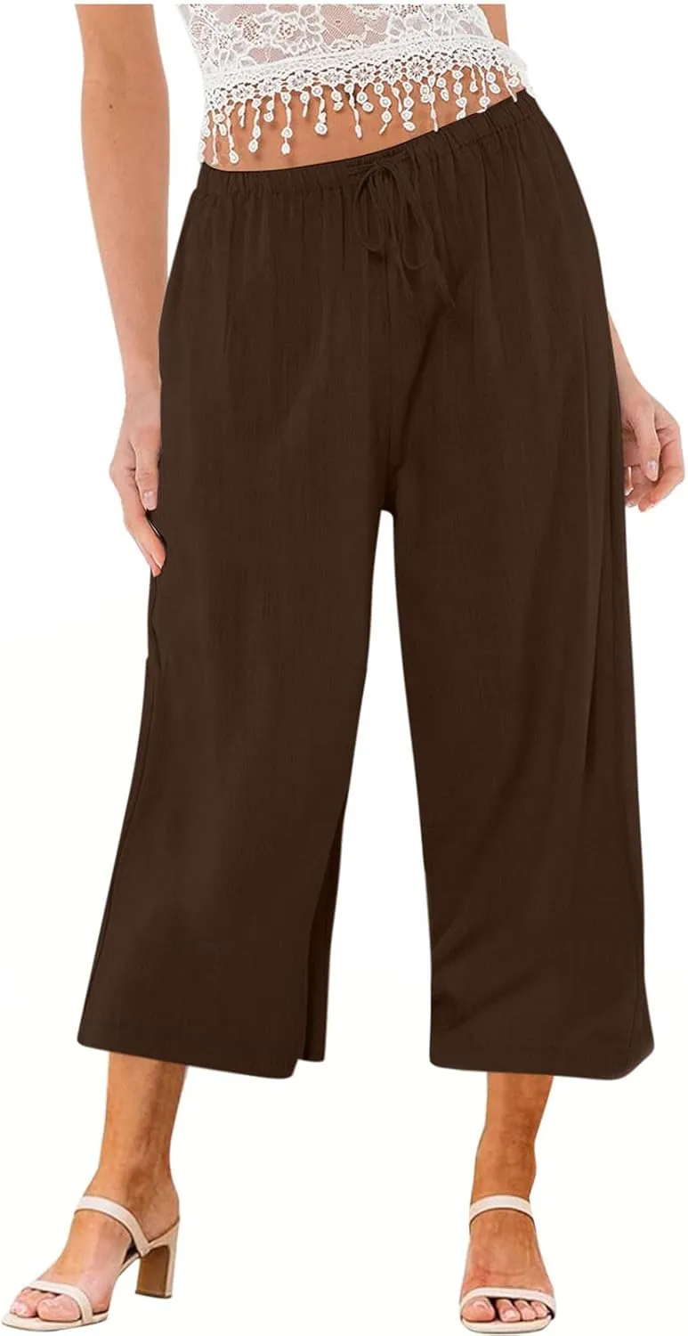 Womens Cotton Linen Casual Pants Elastic High Waisted Wide Leg Pants Drawstring Beach Boho Trousers Summer Outfits