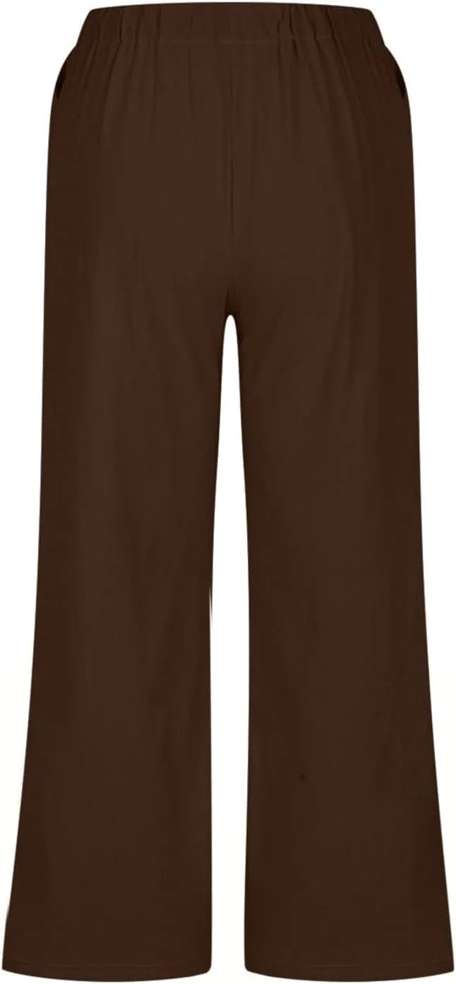 Womens Cotton Linen Casual Pants Elastic High Waisted Wide Leg Pants Drawstring Beach Boho Trousers Summer Outfits