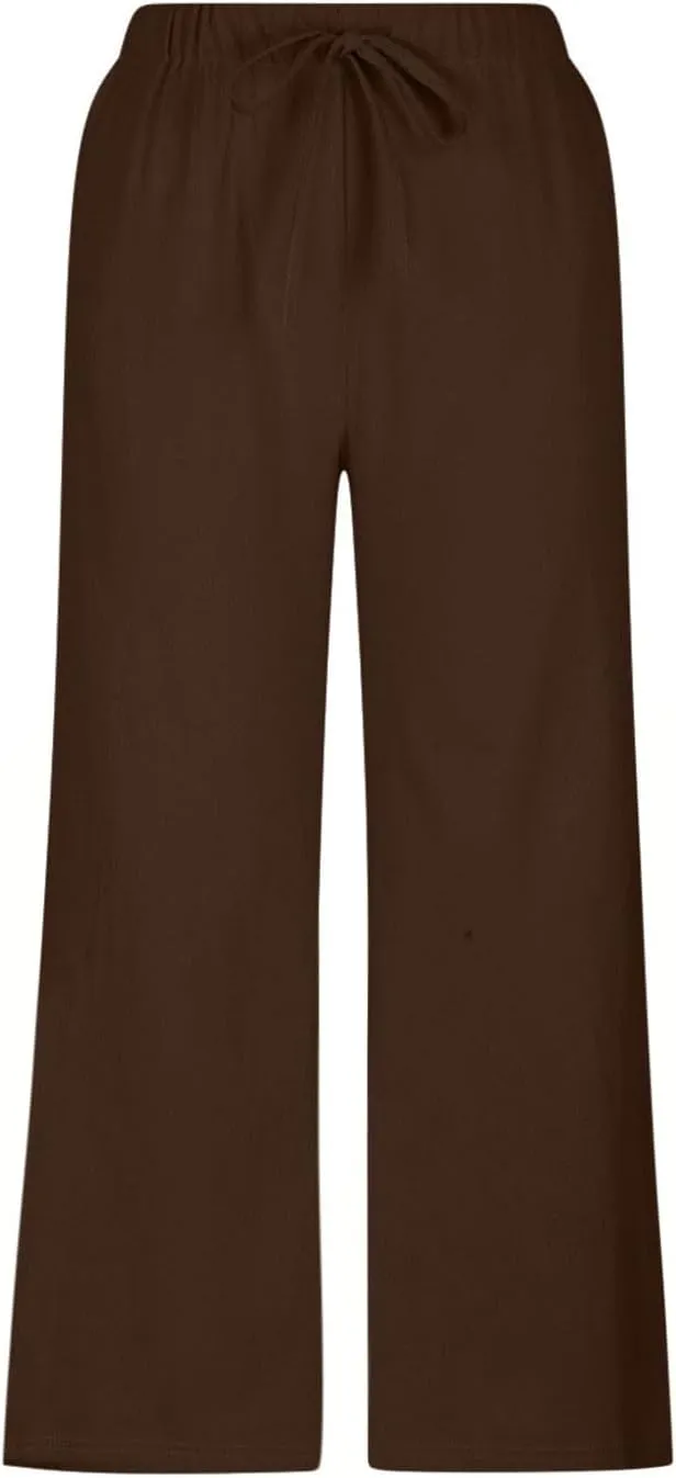 Womens Cotton Linen Casual Pants Elastic High Waisted Wide Leg Pants Drawstring Beach Boho Trousers Summer Outfits