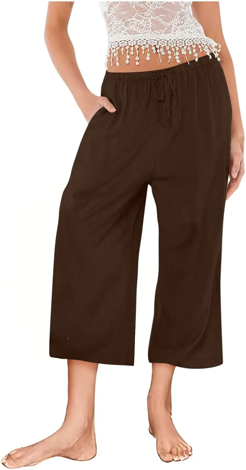 Womens Cotton Linen Casual Pants Elastic High Waisted Wide Leg Pants Drawstring Beach Boho Trousers Summer Outfits