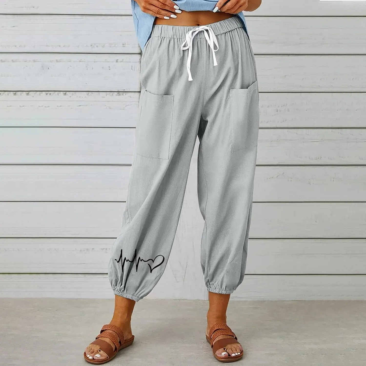 Women's Cotton Linen Drawstring Cropped Pant, Lightweight Loose High Waist Casual Pants Funny Print Pockets Trousers
