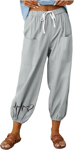 Women's Cotton Linen Drawstring Cropped Pant, Lightweight Loose High Waist Casual Pants Funny Print Pockets Trousers