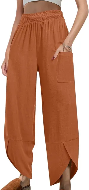 Women's Cotton Linen Palazzo Pants, Fashion Irregular Hem Summer Casual Clothes Elastic Waist Pockets Home Trousers