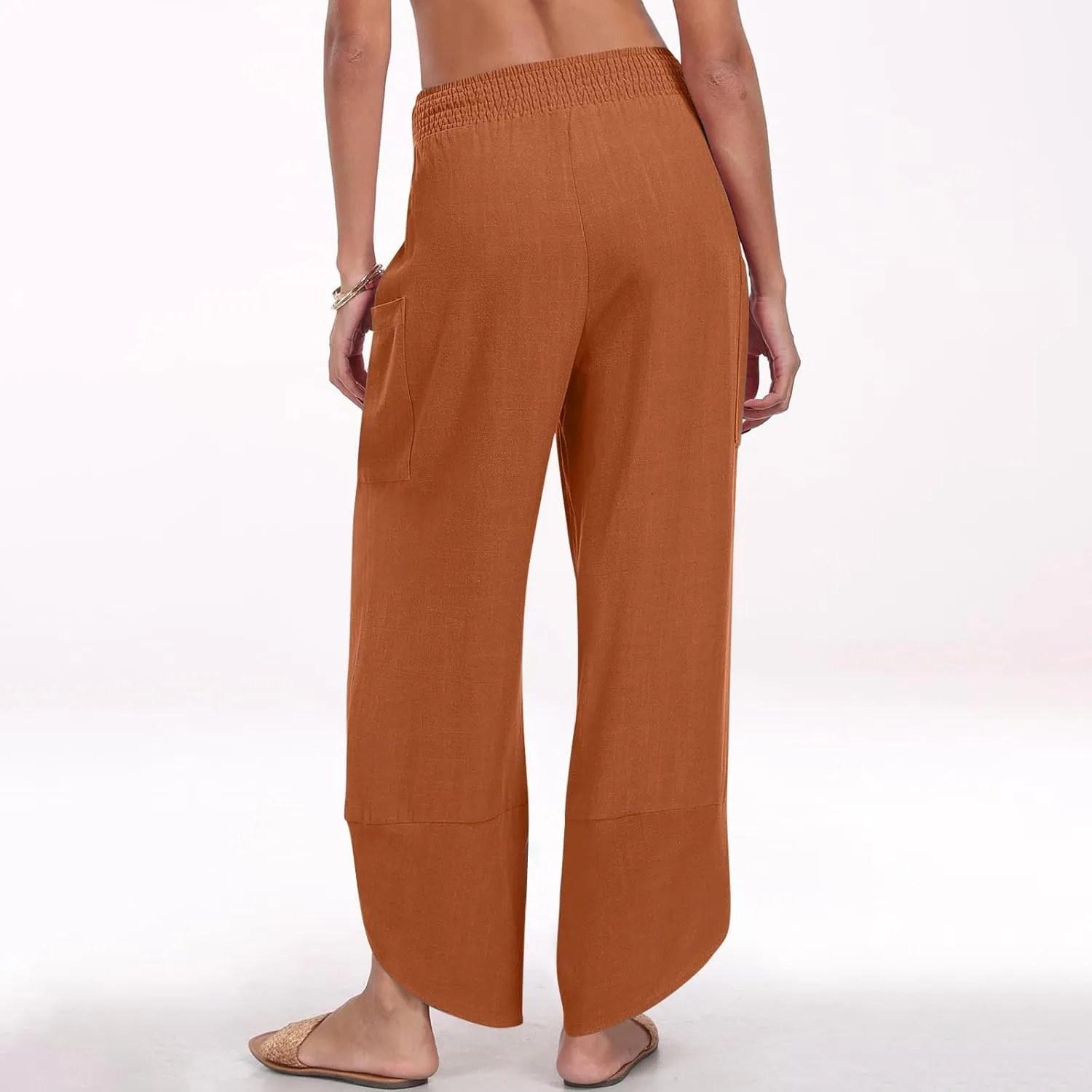 Women's Cotton Linen Palazzo Pants, Fashion Irregular Hem Summer Casual Clothes Elastic Waist Pockets Home Trousers