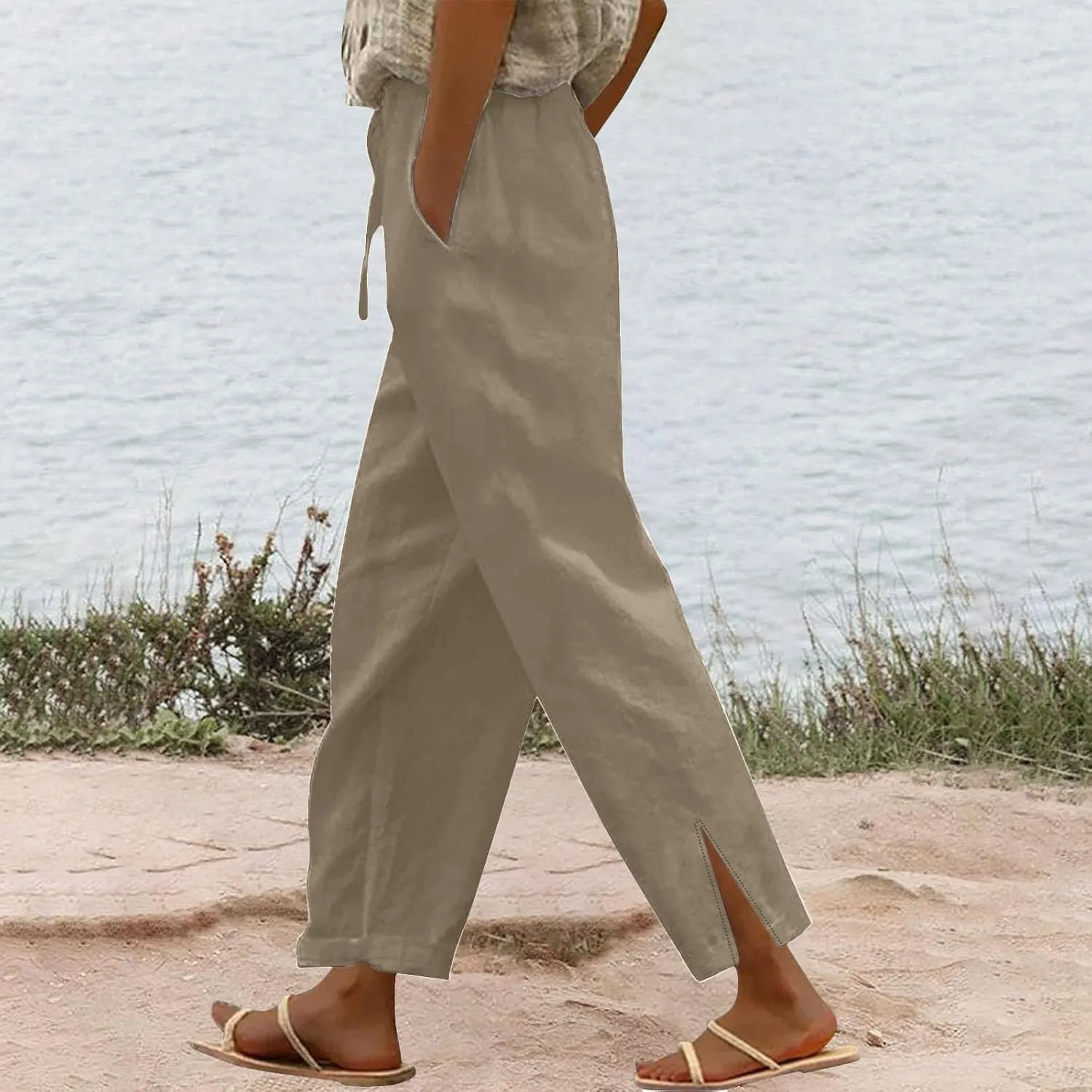 Womens Cotton Linen Pants Wide Leg Drawstring High Waist Casual Trousers Side Slit Beach Vacation Slacks with Pockets