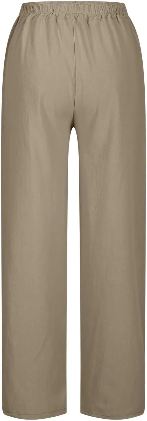 Womens Cotton Linen Pants Wide Leg Drawstring High Waist Casual Trousers Side Slit Beach Vacation Slacks with Pockets