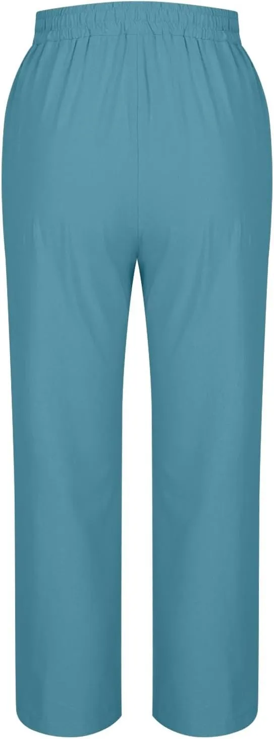 Womens Cotton Linen Summer Palazzo Pants Capri Casual Elastic Waisted Soild Trousers Fashion Side Button Slacks