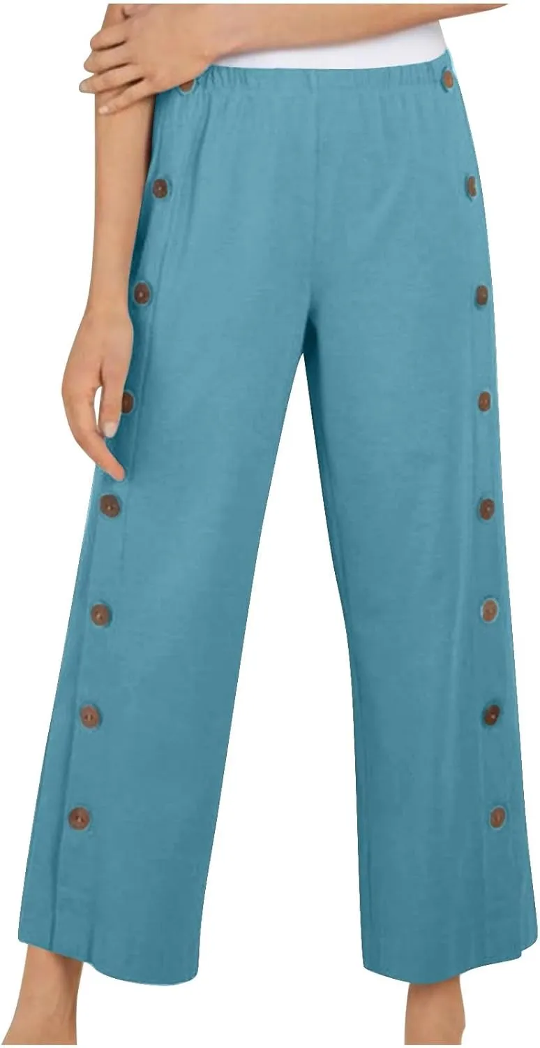 Womens Cotton Linen Summer Palazzo Pants Capri Casual Elastic Waisted Soild Trousers Fashion Side Button Slacks