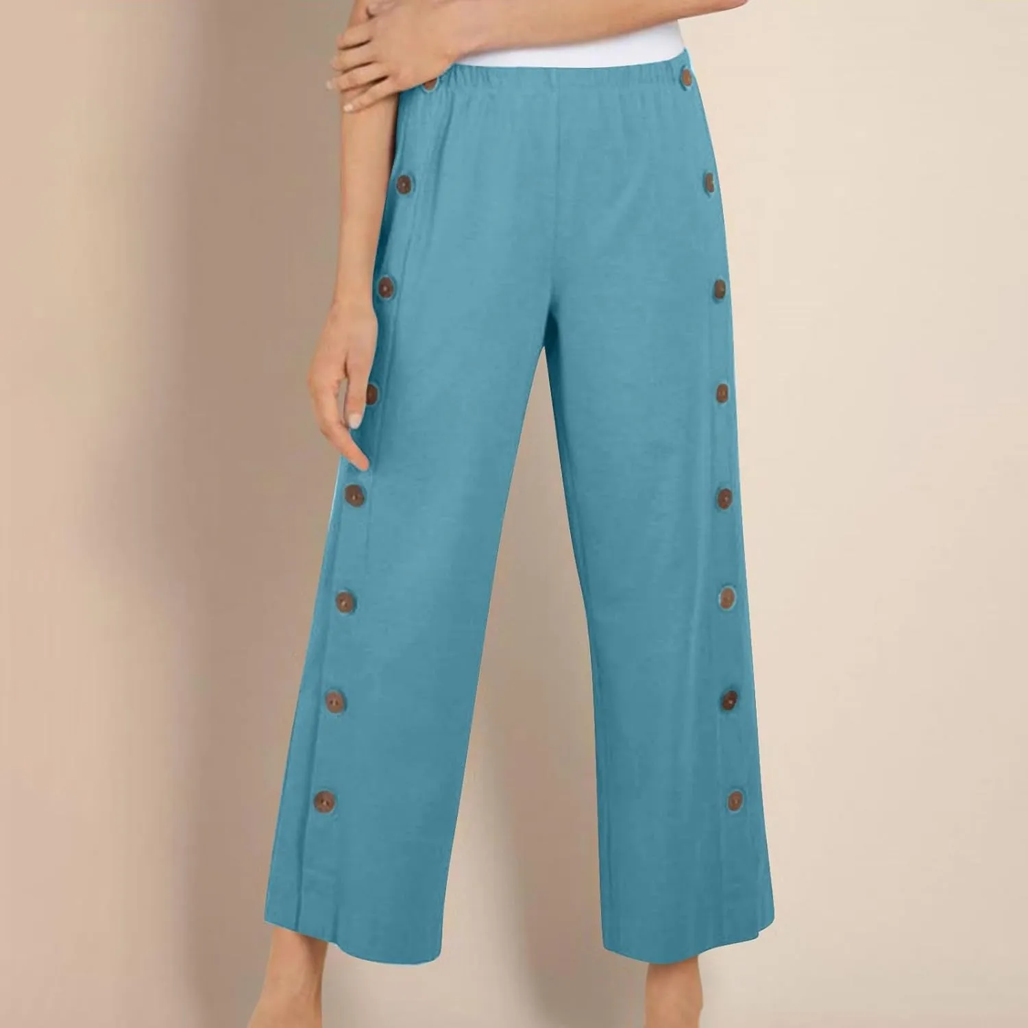 Womens Cotton Linen Summer Palazzo Pants Capri Casual Elastic Waisted Soild Trousers Fashion Side Button Slacks