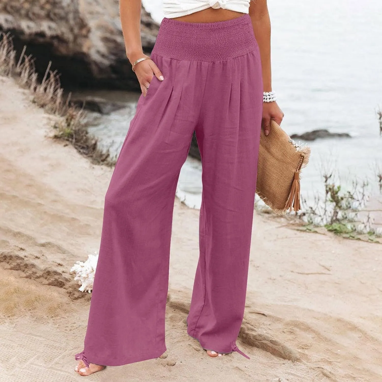 Women's Cotton Linen Summer Palazzo Pants Flowy Wide Leg Beach Trousers Smocked High Waisted Slacks with Pockets