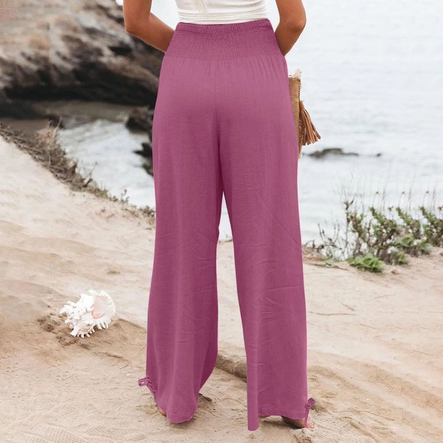 Women's Cotton Linen Summer Palazzo Pants Flowy Wide Leg Beach Trousers Smocked High Waisted Slacks with Pockets