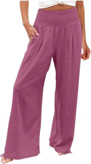 Women's Cotton Linen Summer Palazzo Pants Flowy Wide Leg Beach Trousers Smocked High Waisted Slacks with Pockets