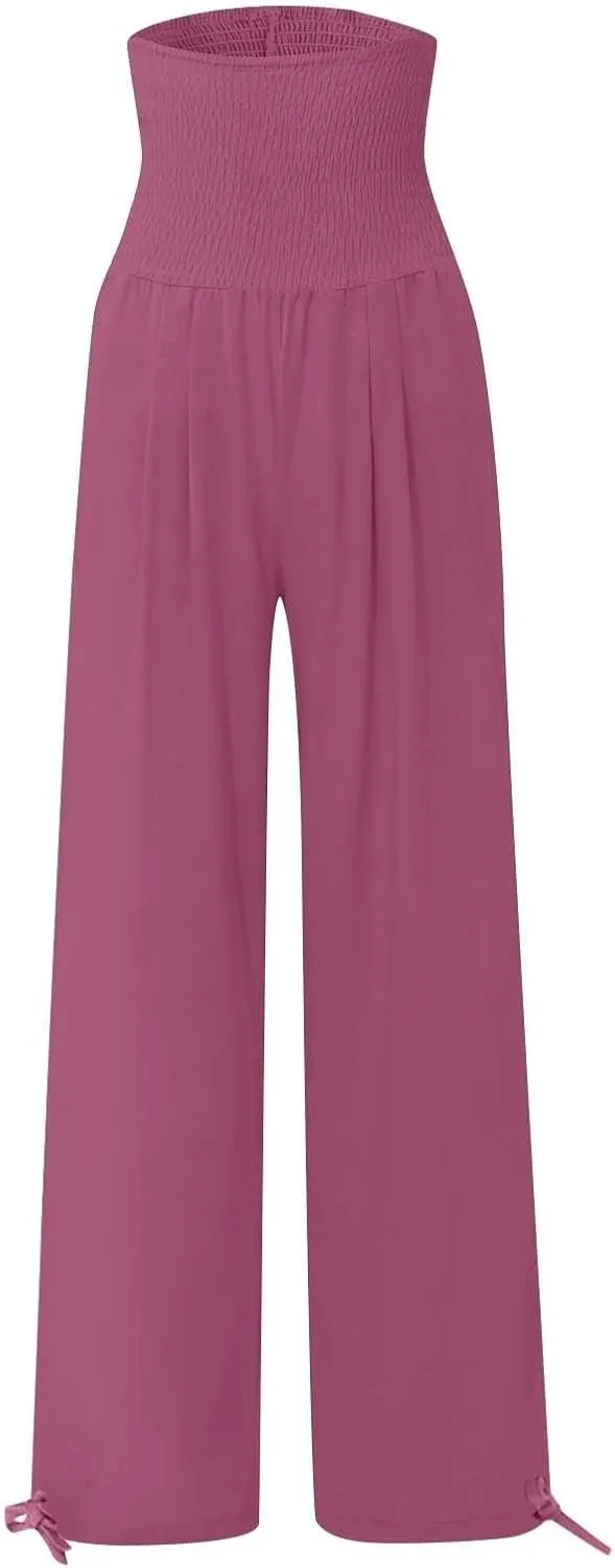 Women's Cotton Linen Summer Palazzo Pants Flowy Wide Leg Beach Trousers Smocked High Waisted Slacks with Pockets