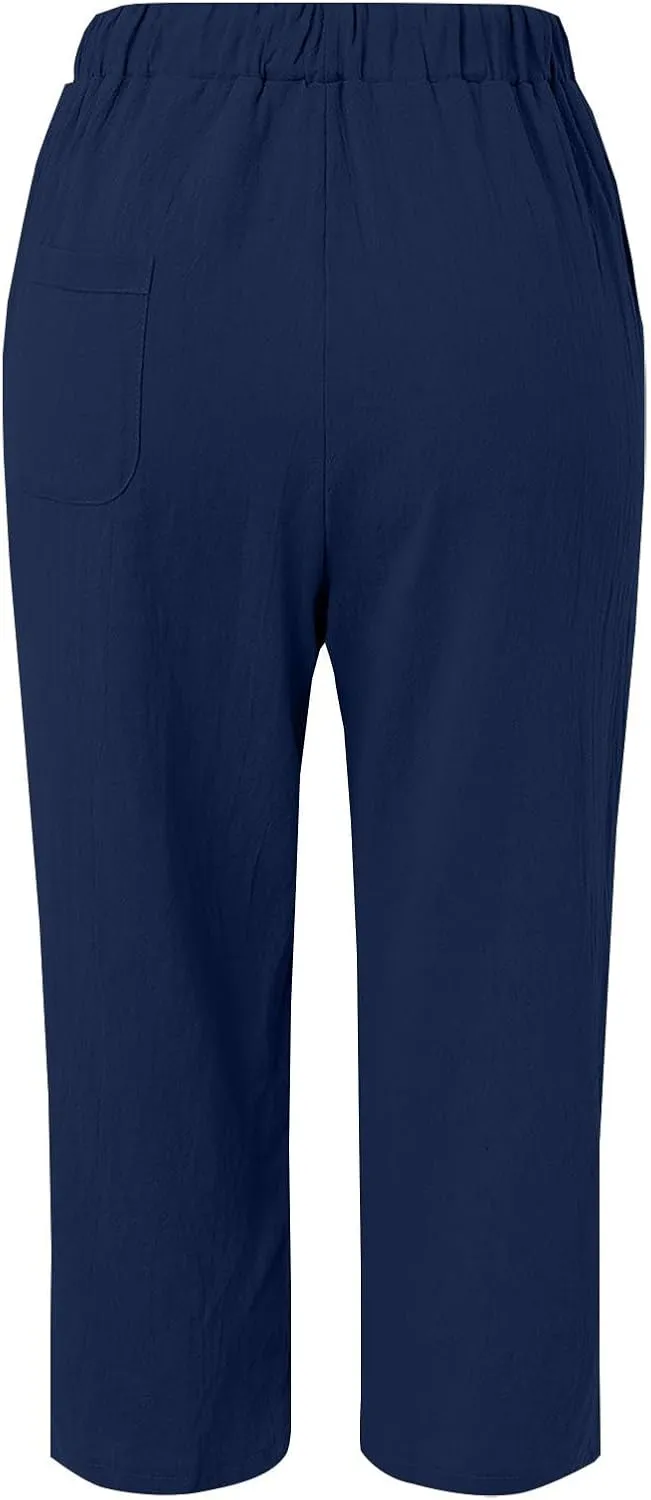 Womens Drawstring Waist Cotton Linen Pants Loose Casual Solid Color Trousers Summer Lightweight Pant with Pockets