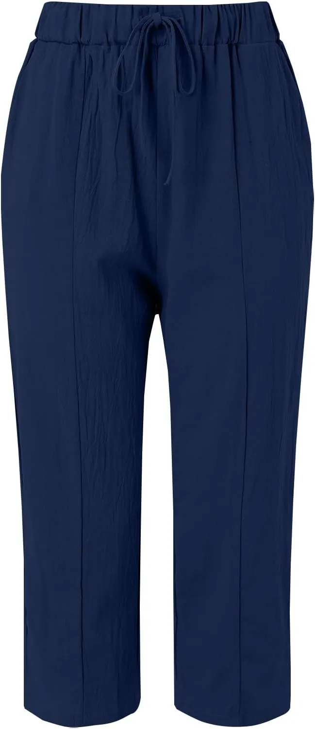 Womens Drawstring Waist Cotton Linen Pants Loose Casual Solid Color Trousers Summer Lightweight Pant with Pockets