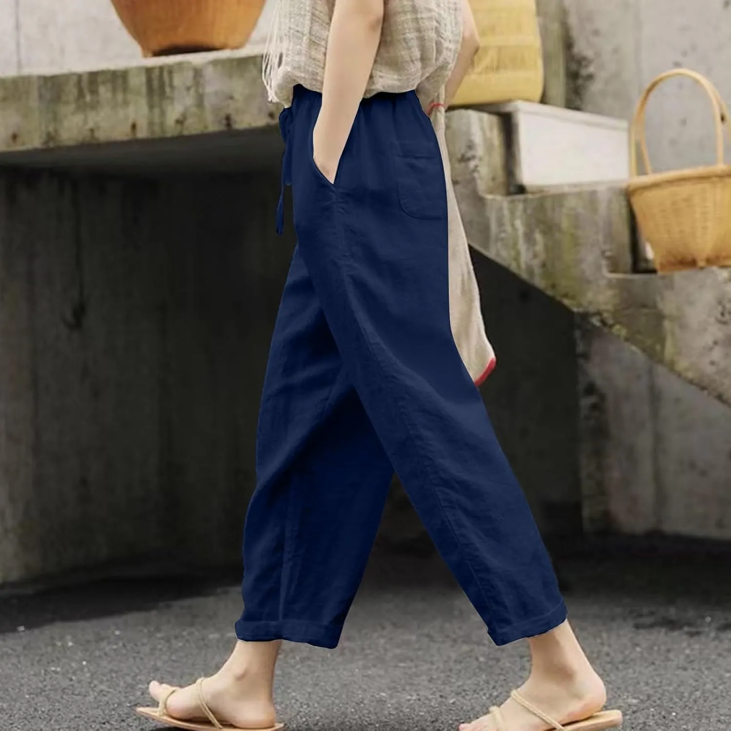 Womens Drawstring Waist Cotton Linen Pants Loose Casual Solid Color Trousers Summer Lightweight Pant with Pockets