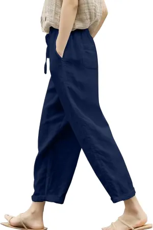 Womens Drawstring Waist Cotton Linen Pants Loose Casual Solid Color Trousers Summer Lightweight Pant with Pockets