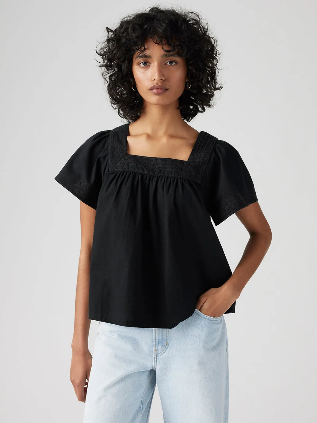 Women's Embroidered Black Square Neck Top
