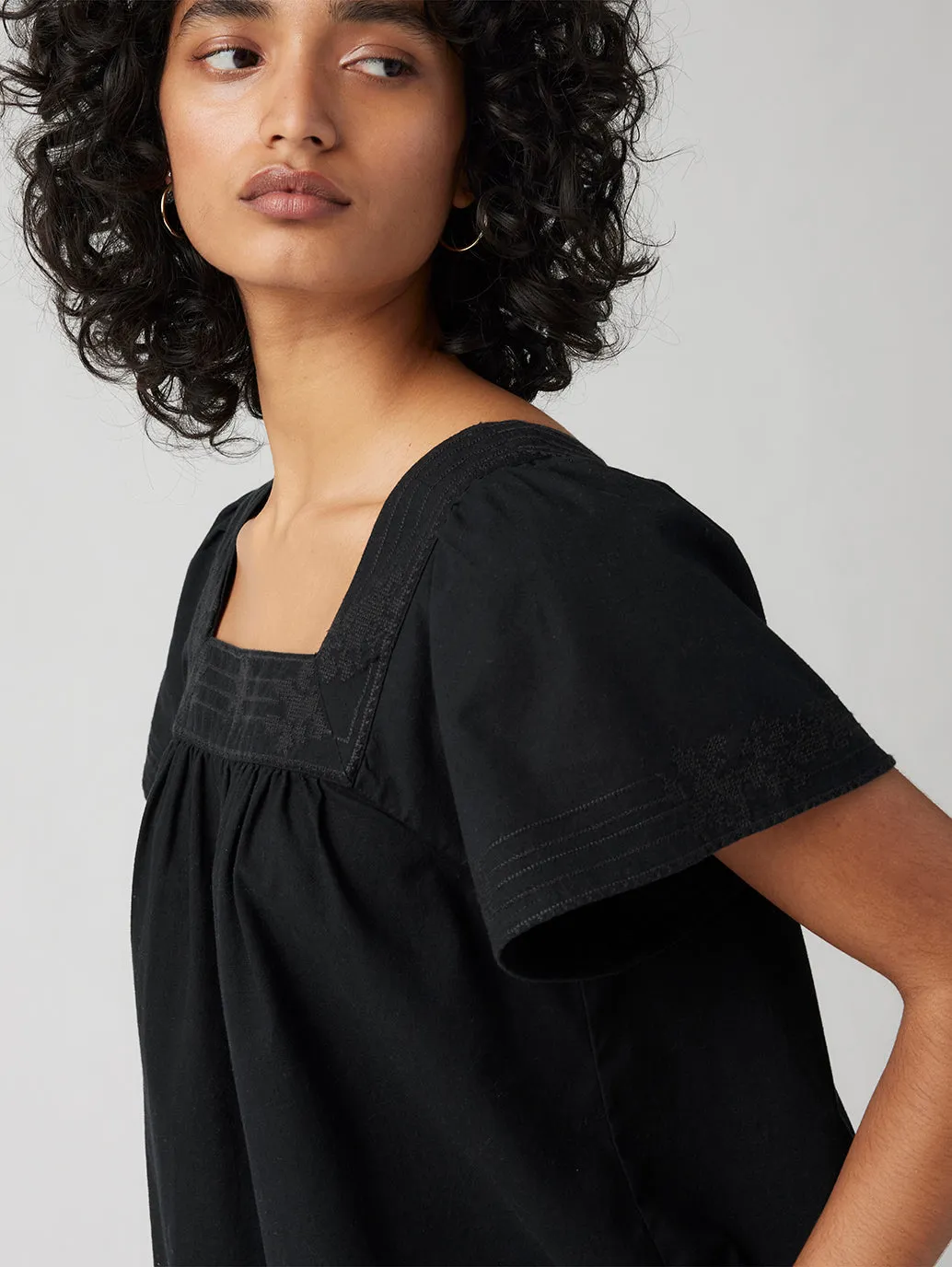 Women's Embroidered Black Square Neck Top