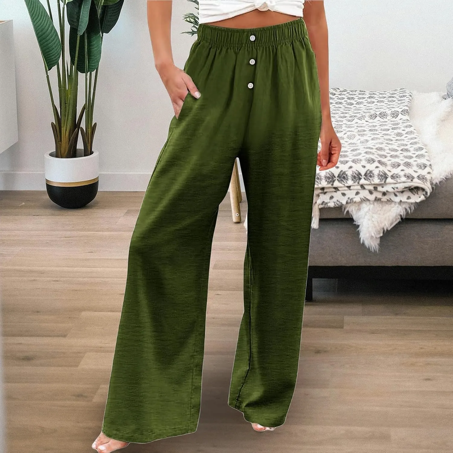 Women's High Waist Linen Pants Casual Loose Drawstring Pant Summer Palazzo Wide Leg Trousers Business Work Pants
