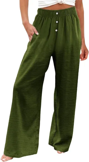 Women's High Waist Linen Pants Casual Loose Drawstring Pant Summer Palazzo Wide Leg Trousers Business Work Pants