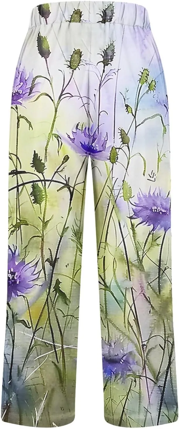 Womens High Waist Palazzo Pants Boho Floral Straight-Fit Lounge Pants Casual Loose Beach Pants with Pockets