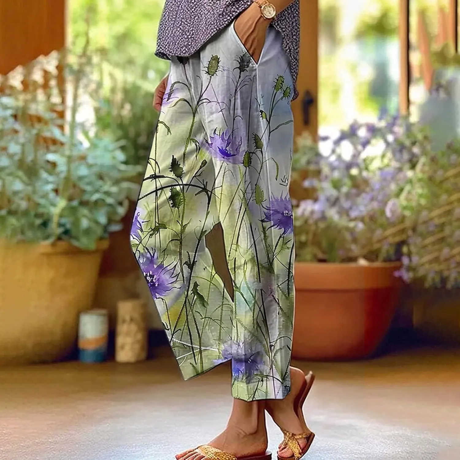 Womens High Waist Palazzo Pants Boho Floral Straight-Fit Lounge Pants Casual Loose Beach Pants with Pockets