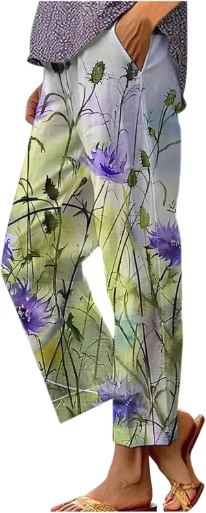 Womens High Waist Palazzo Pants Boho Floral Straight-Fit Lounge Pants Casual Loose Beach Pants with Pockets