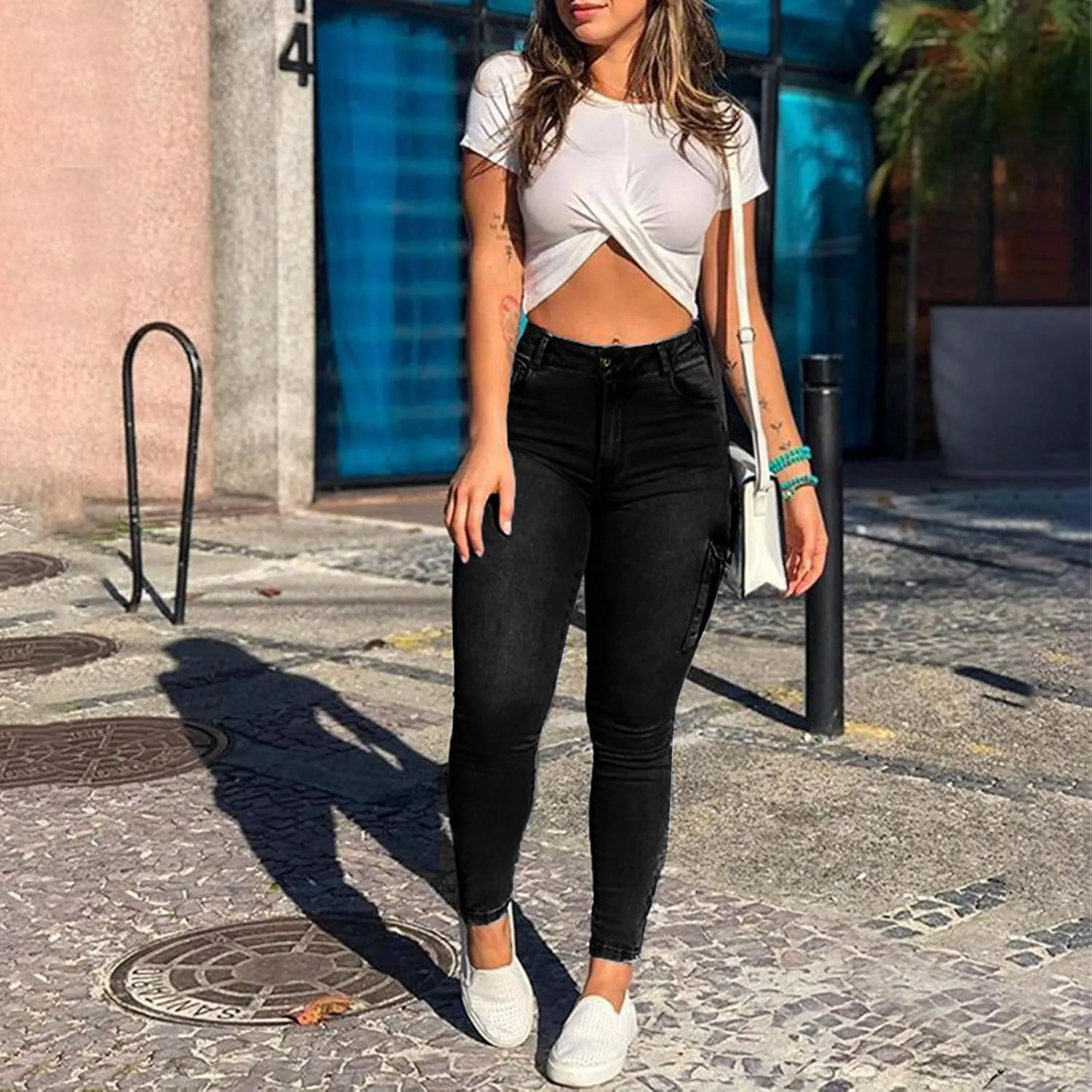 Womens High Waist Skinny Jeans Casual Double Breasted Multi Button Slim Fit Elastic Trousers Double Plus Size Pants