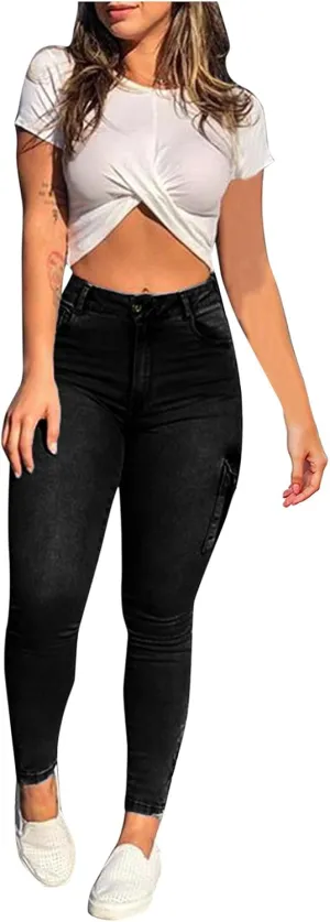 Womens High Waist Skinny Jeans Casual Double Breasted Multi Button Slim Fit Elastic Trousers Double Plus Size Pants