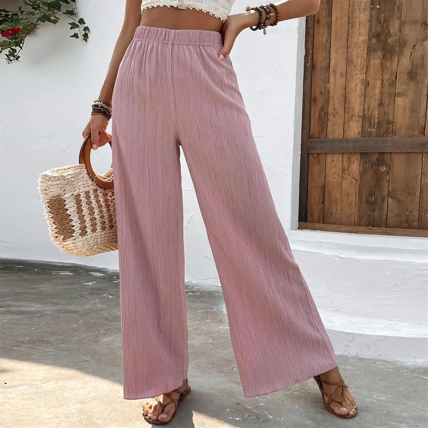 Women's High Waist Solid Color Bootcut Pants Summer Casual Pleated Fashion Elastic Waist Wide Leg Trousers