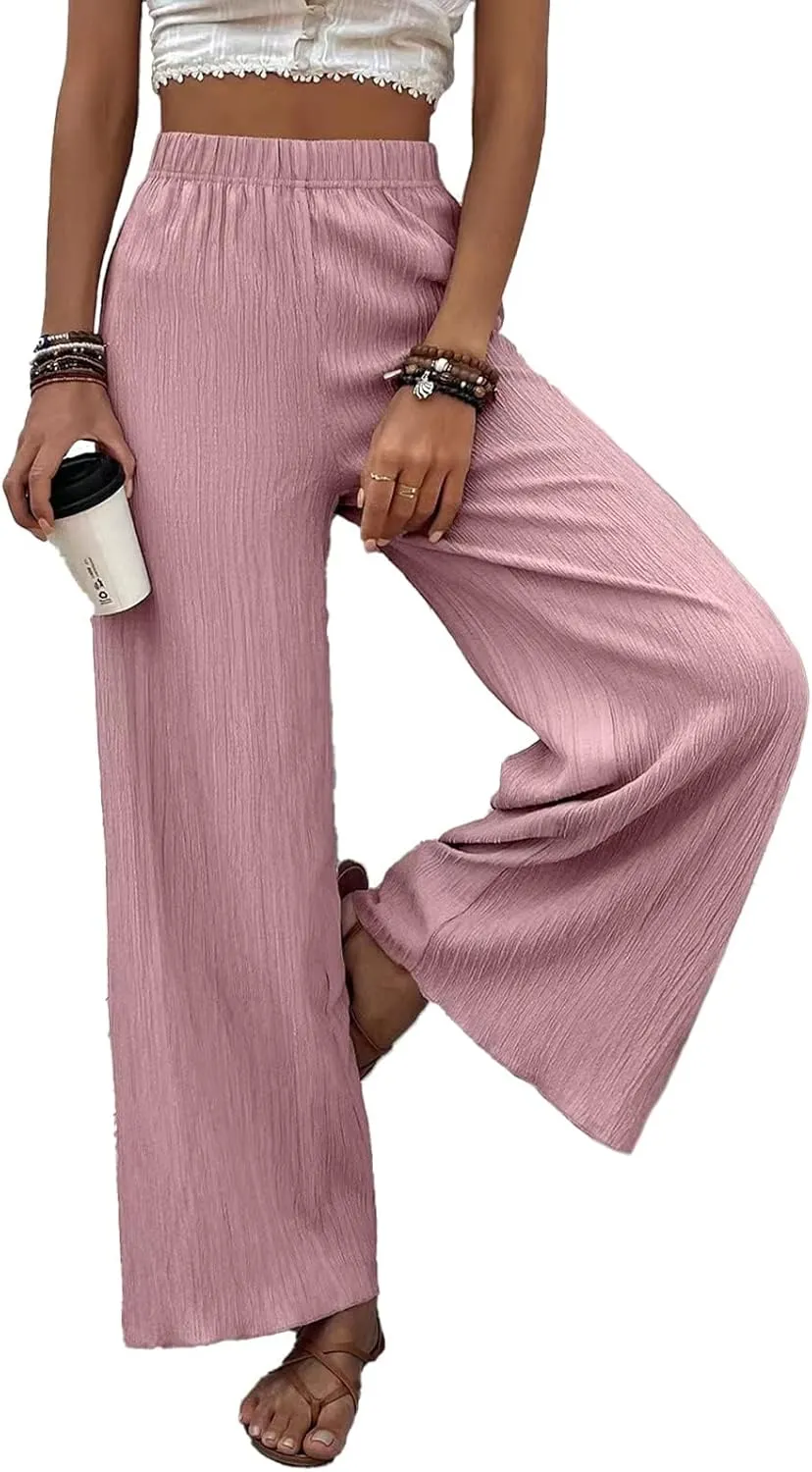 Women's High Waist Solid Color Bootcut Pants Summer Casual Pleated Fashion Elastic Waist Wide Leg Trousers