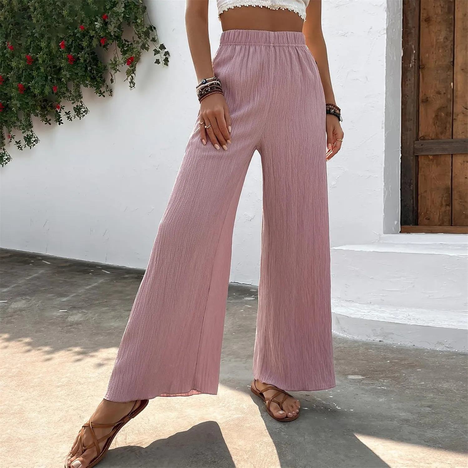 Women's High Waist Solid Color Bootcut Pants Summer Casual Pleated Fashion Elastic Waist Wide Leg Trousers