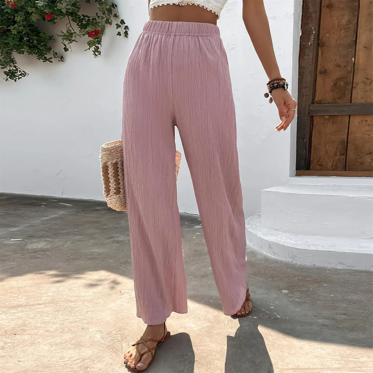 Women's High Waist Solid Color Bootcut Pants Summer Casual Pleated Fashion Elastic Waist Wide Leg Trousers