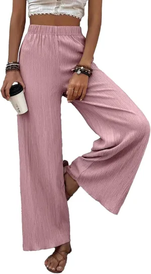 Women's High Waist Solid Color Bootcut Pants Summer Casual Pleated Fashion Elastic Waist Wide Leg Trousers