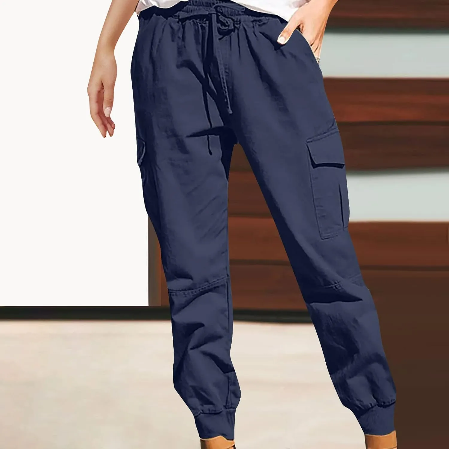 Womens Jogger Cargo Pants With Pockets Plus Size Casual Drawstring Elastic Waist Trousers Solid Loose Parachute Pants