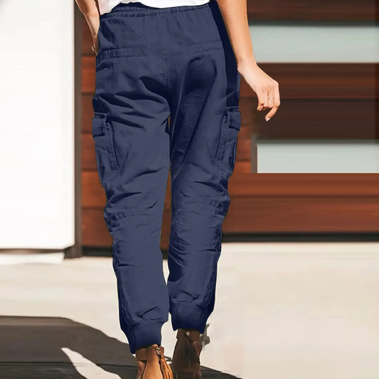 Womens Jogger Cargo Pants With Pockets Plus Size Casual Drawstring Elastic Waist Trousers Solid Loose Parachute Pants