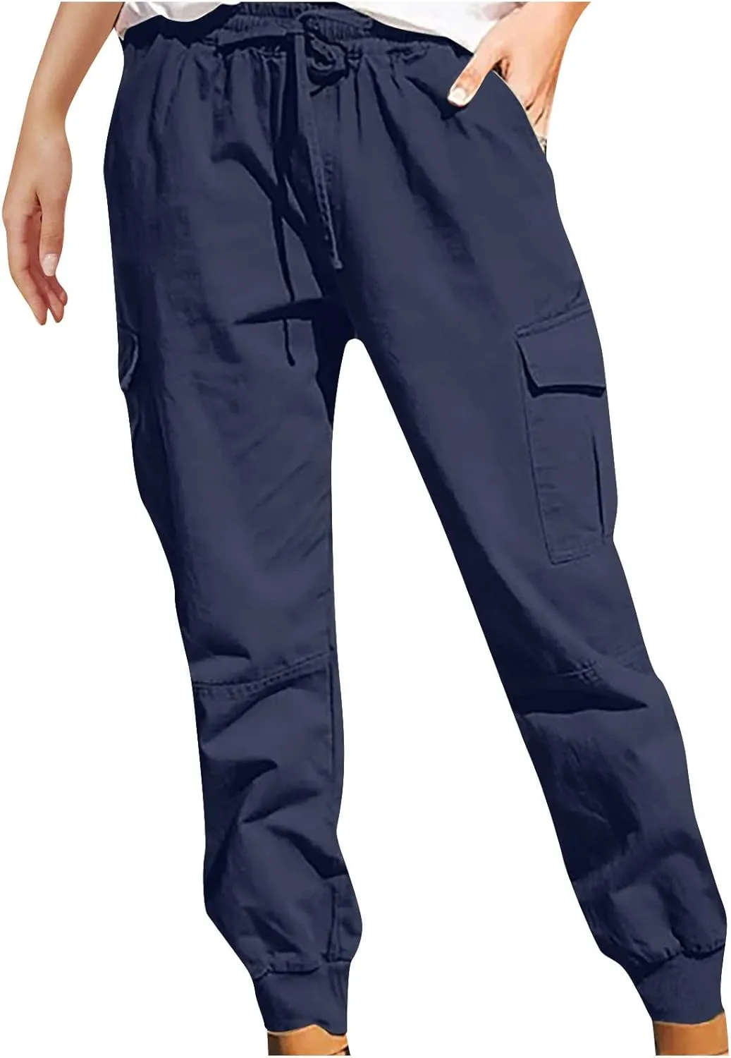 Womens Jogger Cargo Pants With Pockets Plus Size Casual Drawstring Elastic Waist Trousers Solid Loose Parachute Pants