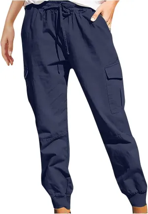 Womens Jogger Cargo Pants With Pockets Plus Size Casual Drawstring Elastic Waist Trousers Solid Loose Parachute Pants