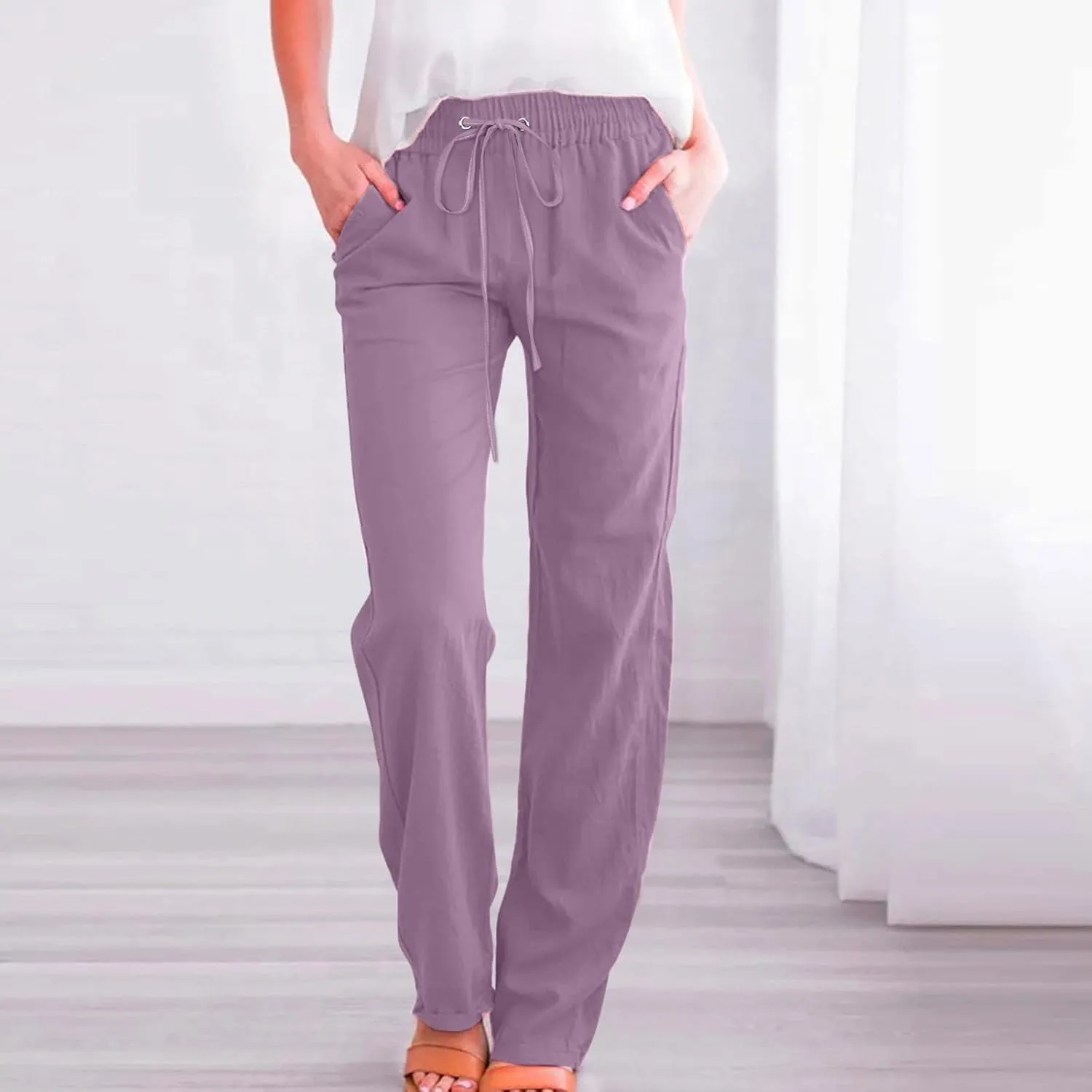 Women's Linen Blend Summer Printed Palazzo Pants Elastic Waist Bootcut Plus Size Palazzo Lounge Pants Beach