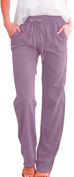 Women's Linen Blend Summer Printed Palazzo Pants Elastic Waist Bootcut Plus Size Palazzo Lounge Pants Beach
