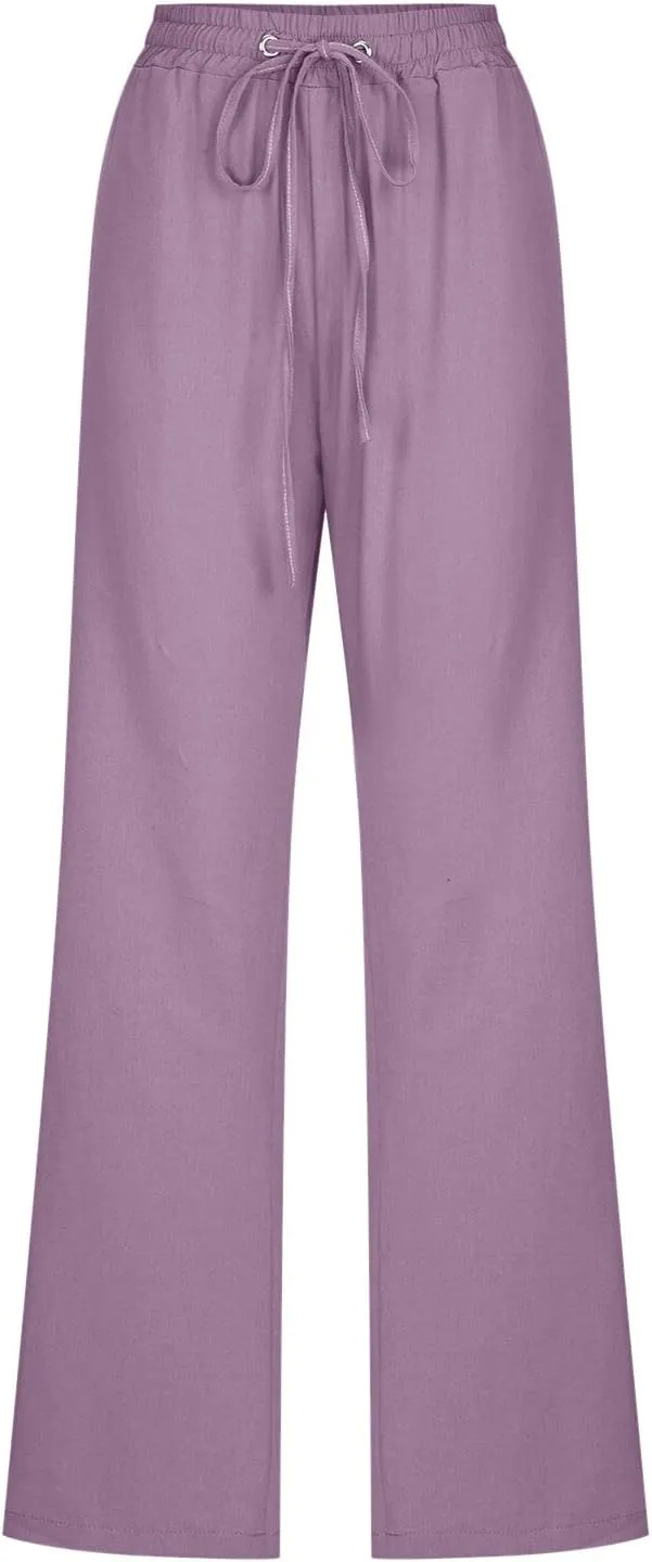 Women's Linen Blend Summer Printed Palazzo Pants Elastic Waist Bootcut Plus Size Palazzo Lounge Pants Beach