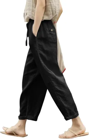 Womens Linen Blend Summer Striped Palazzo Lounge Pants High Waist Straight Plus Size Trousers Office