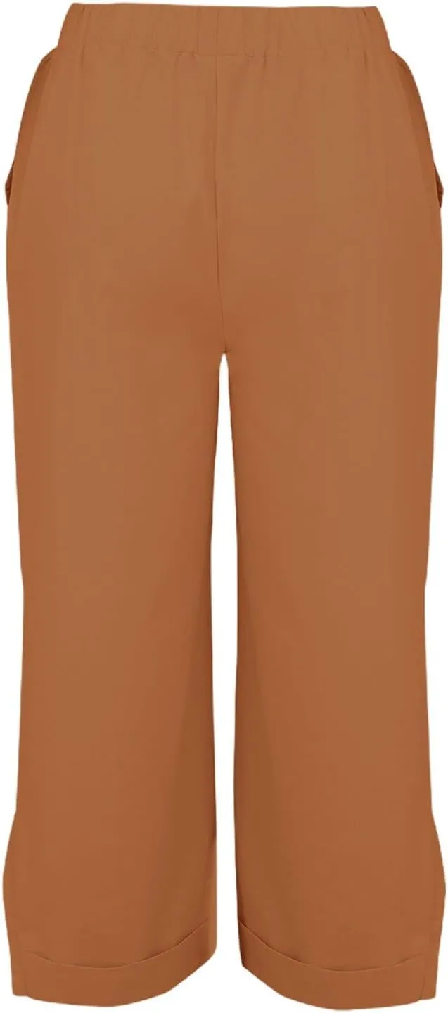 Womens Linen Capris Pants Elastic Waist Drawstring Summer Loose Breathing Cropped Trousers Beach Travel Boho Pants
